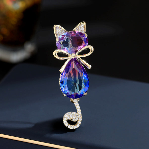 Colored Gemstone Cat Brooch