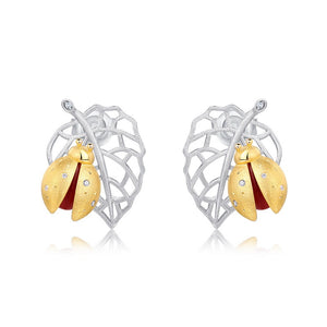 Gold Agate Ladybug Leaf Stud Earrings