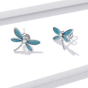 Small Blue Enamel Dragonfly Stud Earrings