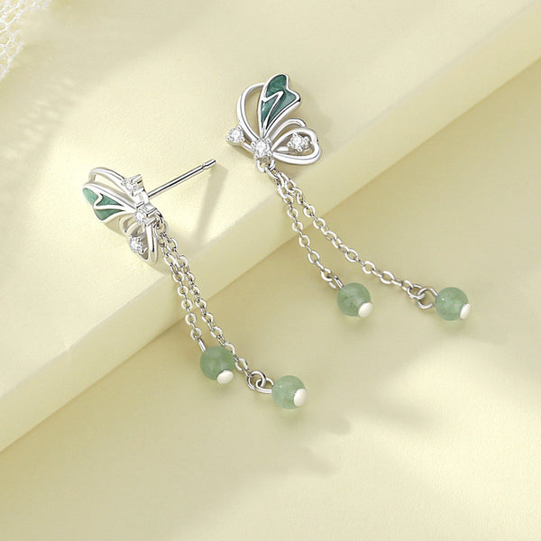 Green Butterfly Tassel Stud Earrings