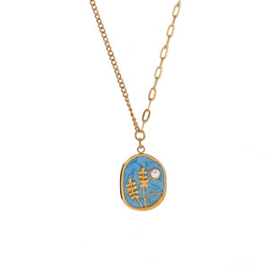 Botanical Blue Enamel Pearl Charm Necklace