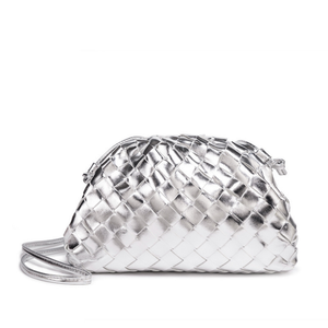 Silver woven handbag on a white background