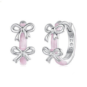 Pink Enamel Dual Bow Huggie Hoop Earrings