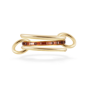 Full gold tone interlocked triple band stackable ring, channel set vintage reddish brown baguette cut gemstone middle layer, minimalist modern linked statement ring, elegant daily women fashion jewelry gift