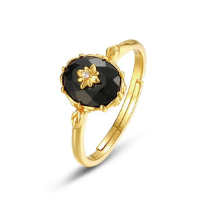 Dainty Royal Oval Black Onyx Floral Open Ring