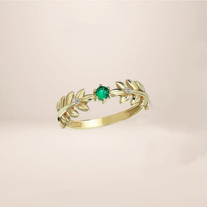 Green CZ Textured Olive Leaf Twig Band Ring