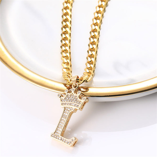 Gold Crown Initial Letter Necklace