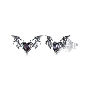 Gothic Halloween Bat Heart CZ Stud Earrings