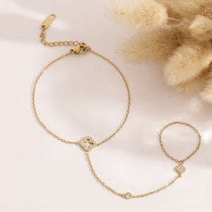 Double Clover Pave Hand Chain Ring Bracelet