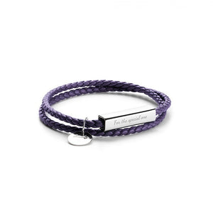 Purple braided bracelet with a silver tag on a white background