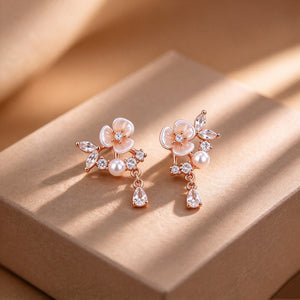 Dainty Floral Pearl Pear CZ Drop Stud Earrings