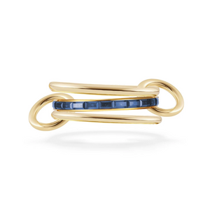 Polished solid gold tone triple linked stackable ring, channel set deep navy sapphire blue baguette cut stones, modern minimalist interlocked layered statement ring, chic everyday luxury jewelry gift for women