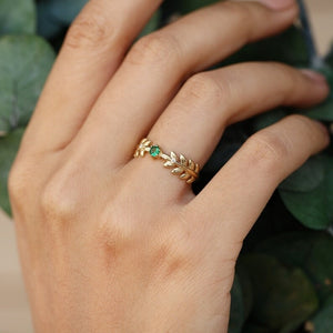 Green CZ Textured Olive Leaf Twig Band Ring