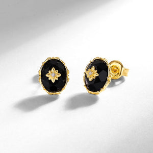 Royal Oval Black Onyx Floral CZ Stud Earrings