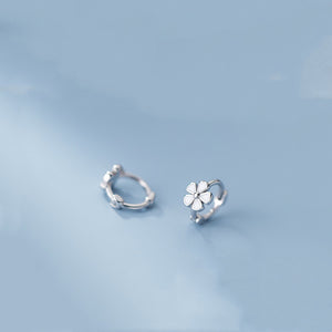 White Enamel Flower Huggie Hoop Earrings