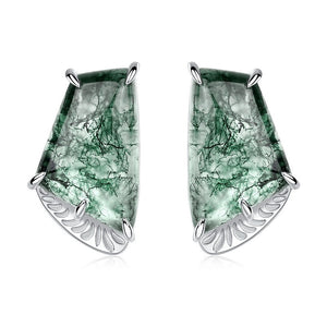 Geometric Moss Agate Textured Stud Earrings