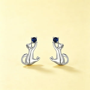 Playful Cat Sapphire Blue Stone Stud Earrings
