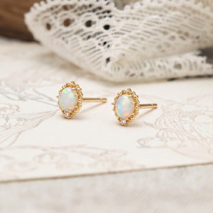 Dainty Oval Opal Beaded Crown Stud Earrings