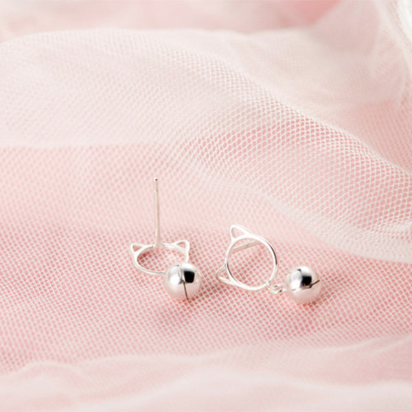 Silver Cat Bell Stud Earrings