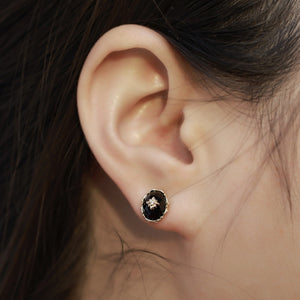 Royal Oval Black Onyx Floral CZ Stud Earrings