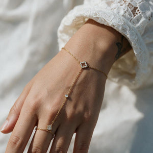 Double Clover Pave Hand Chain Ring Bracelet