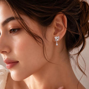 Dainty Floral Pearl Pear CZ Drop Stud Earrings