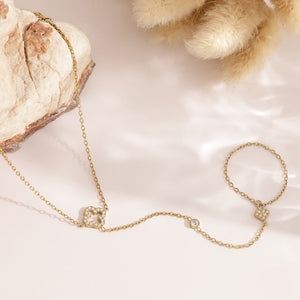 Double Clover Pave Hand Chain Ring Bracelet