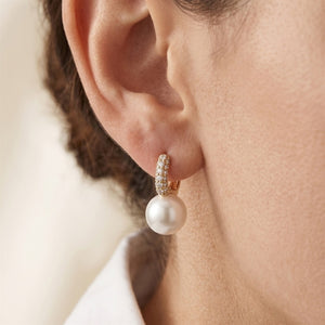 Dainty Pearl Drop Pave Huggie Hoop Earrings