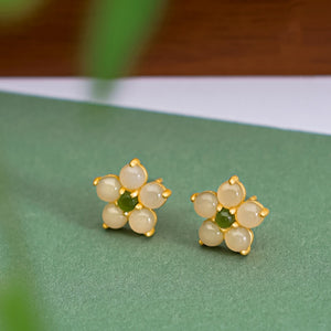 Dainty Yellow Hetian Jade Floral Stud Earrings