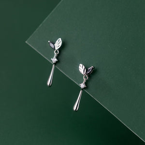 Botanical Textured Leaf CZ Drop Stud Earrings