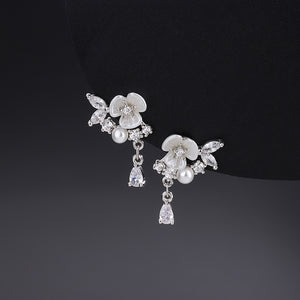 Dainty Floral Pearl Pear CZ Drop Stud Earrings