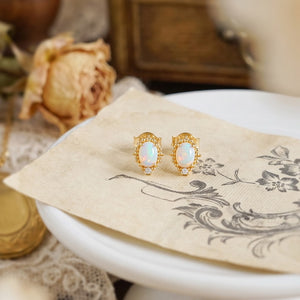 Dainty Oval Opal Beaded Crown Stud Earrings