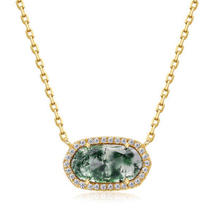 Oval Moss Agate Pave Halo Pendant Necklace