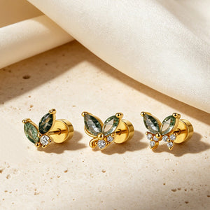 Marquise Moss Agate CZ Cluster Stud Earrings
