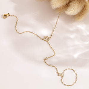 Double Clover Pave Hand Chain Ring Bracelet
