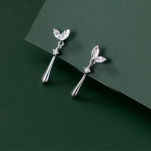 Botanical Textured Leaf CZ Drop Stud Earrings