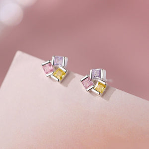 Dainty Tri-Color Princess Cut CZ Stud Earrings