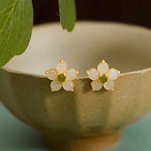 Dainty Yellow Hetian Jade Floral Stud Earrings