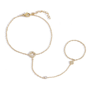 Double Clover Pave Hand Chain Ring Bracelet
