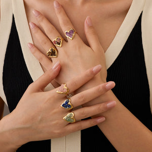 Colorful Raw Crystal Mosaic Heart Open Ring