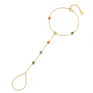 Multicolor CZ Bezel Hand Chain Ring Bracelet