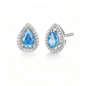 Dainty Blue Teardrop Halo Stud Earrings