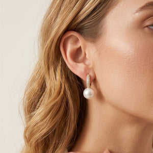 Dainty Pearl Drop Pave Huggie Hoop Earrings