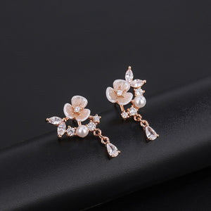 Dainty Floral Pearl Pear CZ Drop Stud Earrings