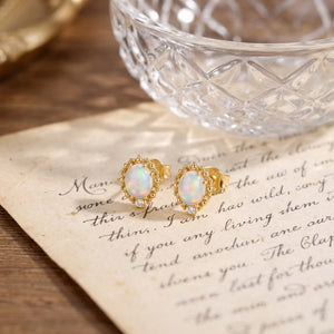 Dainty Oval Opal Beaded Crown Stud Earrings