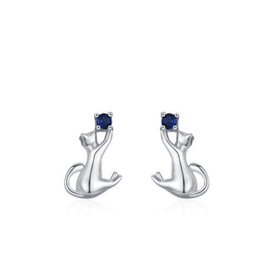 Playful Cat Sapphire Blue Stone Stud Earrings