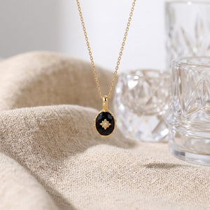 Dainty Oval Black Onyx Floral Charm Necklace