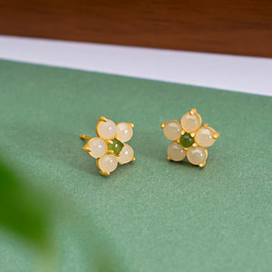 Dainty Yellow Hetian Jade Floral Stud Earrings