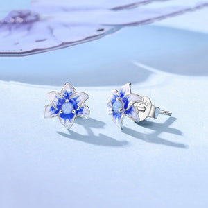Tiny Blue Enamel Lily Floral Opal Stud Earrings