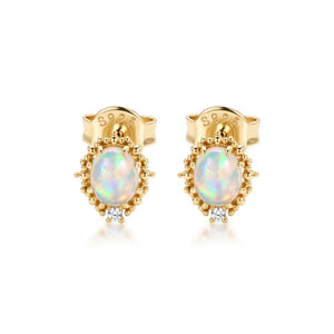 Dainty Oval Opal Beaded Crown Stud Earrings